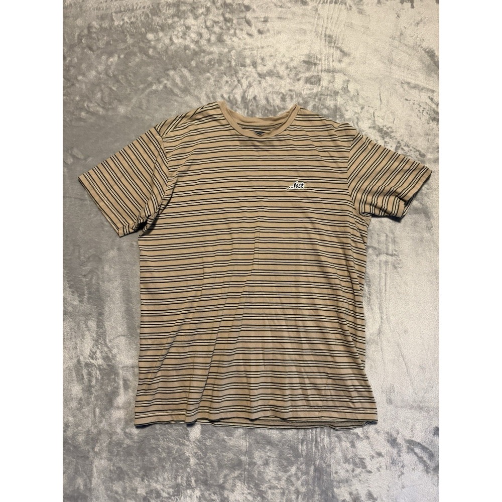 …Lost Men's Beige Black Striped Crewneck Short Sleeve T-Shirt Sz M